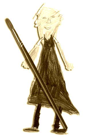 Drawing of a girl holding an oversized paintbrush.